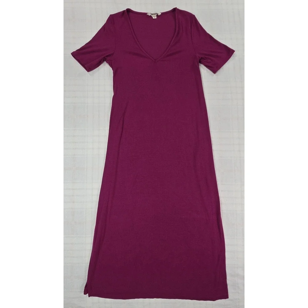 Boden Rib Jersey Midi T-Shirt Dress Short Sleeve V-Neck Side Slits Purple US 6P